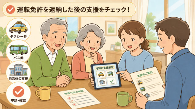 免許返納後の自治体支援を家族で確認する高齢の親とモビまるのイラスト