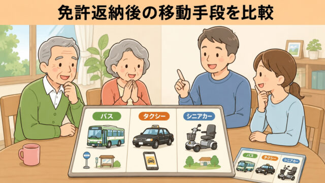 免許返納後にバスやタクシーやシニアカーなどの移動手段を比較する高齢の親と家族のイラスト