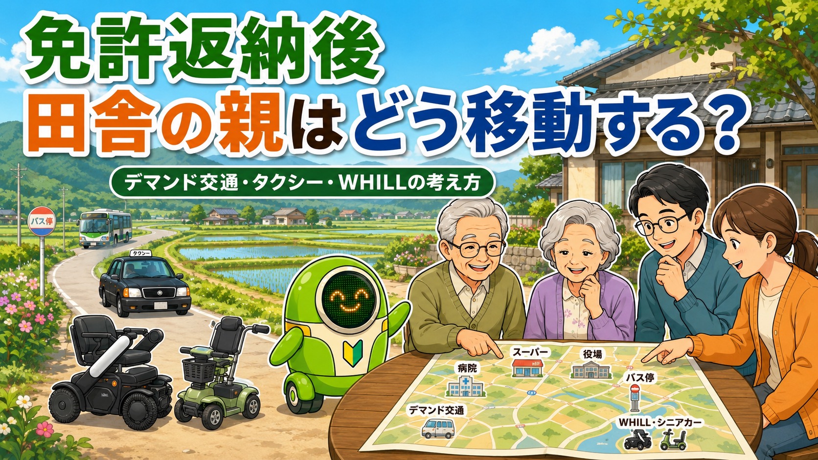 免許返納後の田舎の親の移動手段を家族で地図を見ながら相談しているイラスト