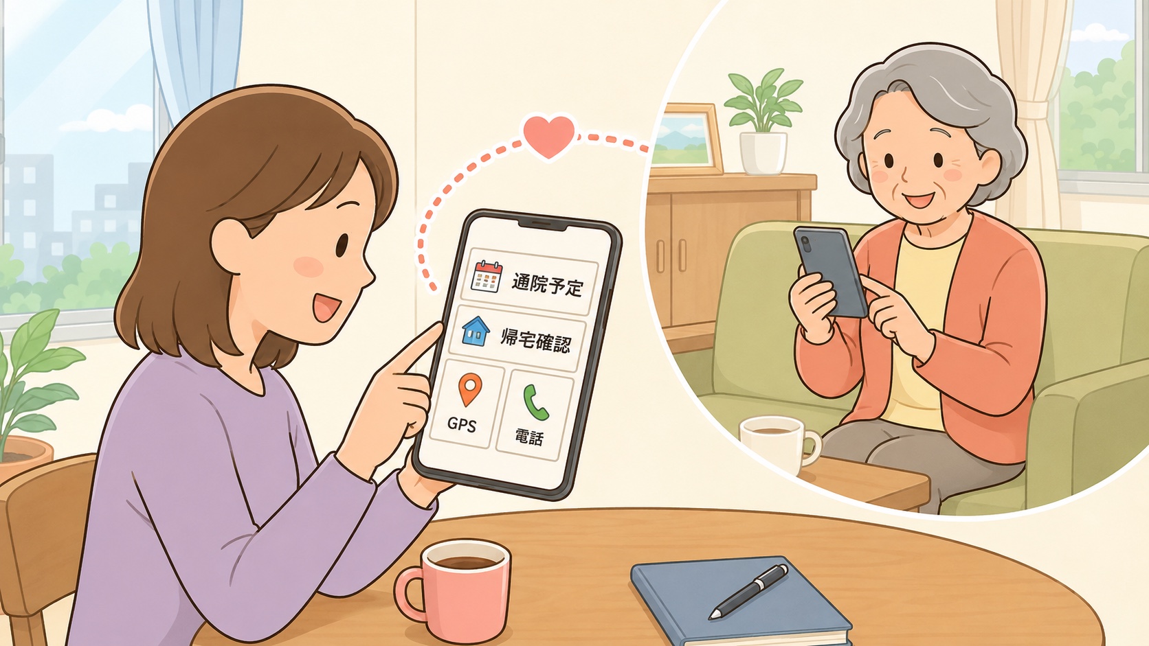 離れて暮らす家族が高齢の親の通院予定や帰宅連絡を確認するイラスト