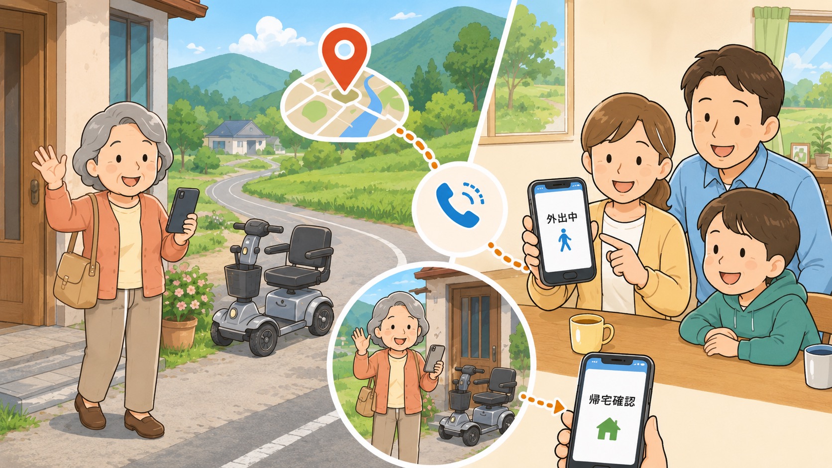 離れて暮らす家族が田舎に住む高齢の親の外出と帰宅を見守るイラスト
