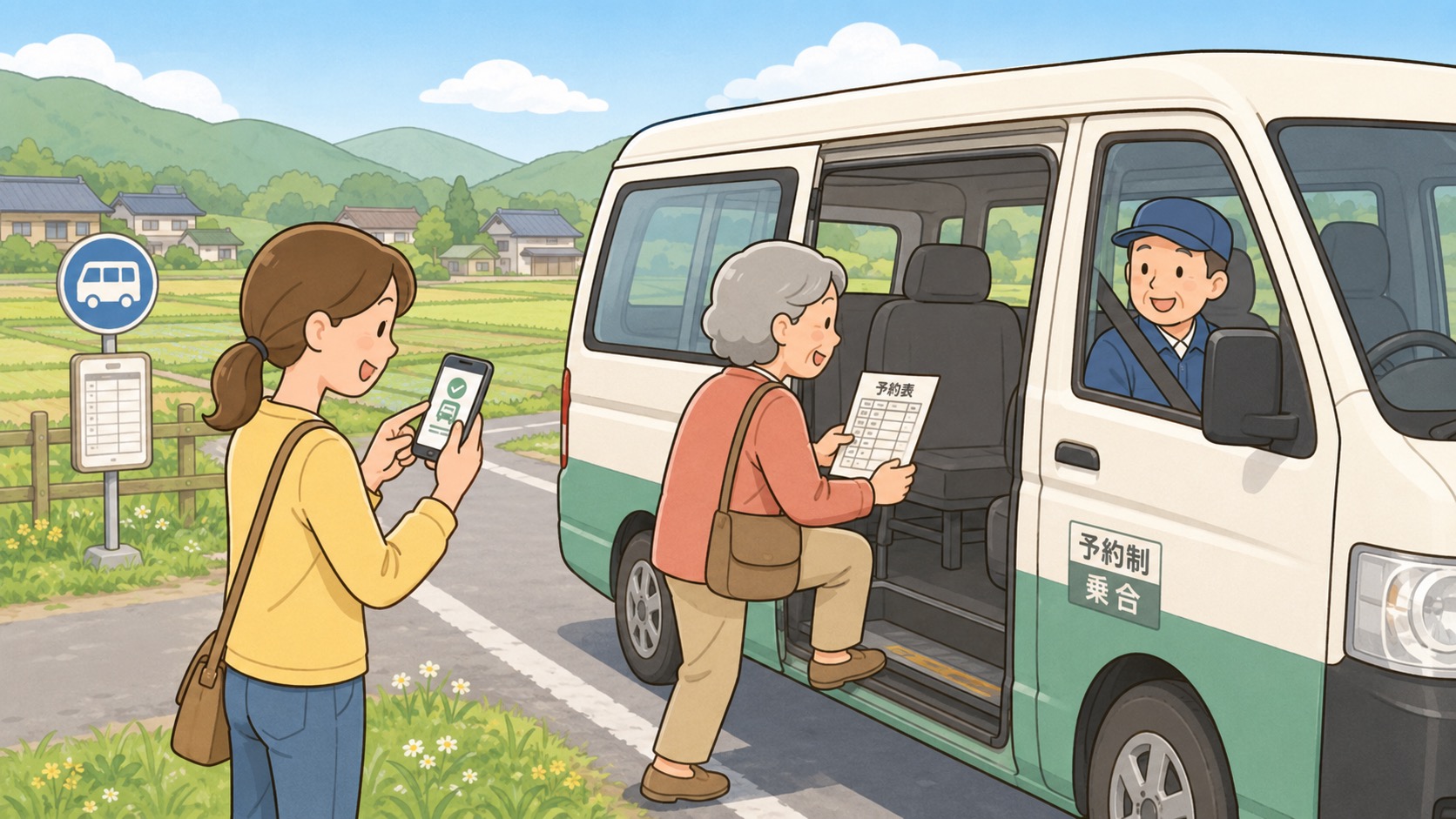 田舎でデマンド交通や乗合タクシーを利用する高齢者のイラスト