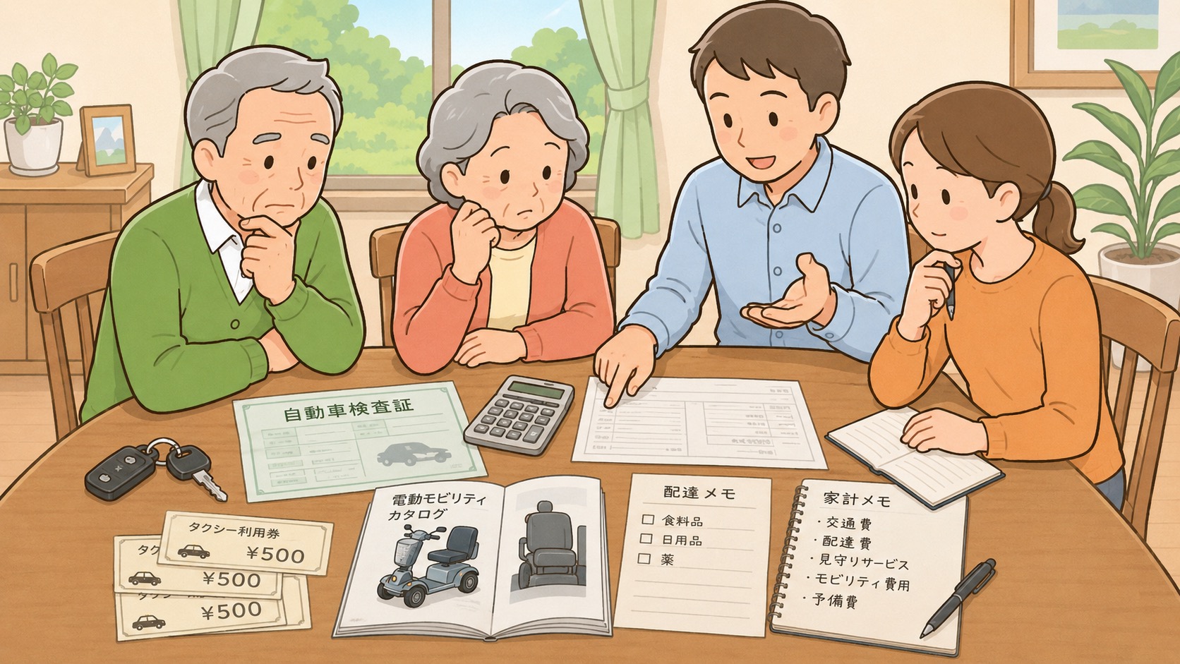 免許返納後に車の売却益を田舎の親の移動費に使うか家族で相談するイラスト