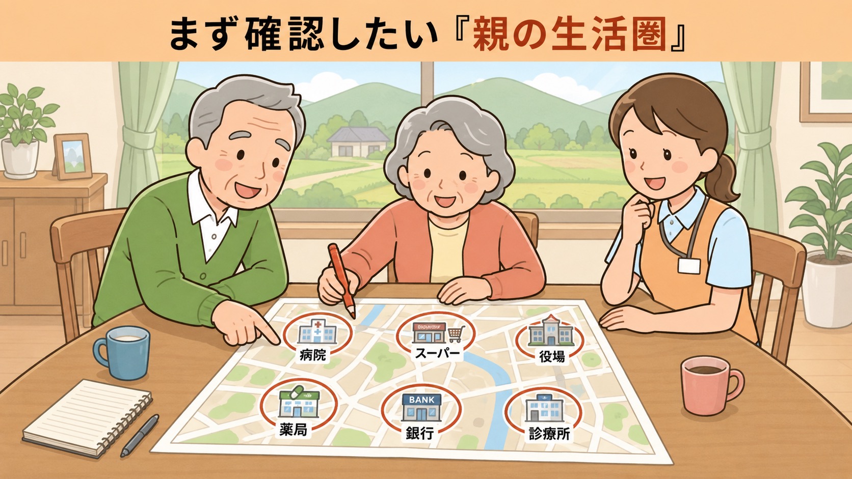 田舎に住む親の通院先や買い物先など生活圏を家族で確認しているイラスト