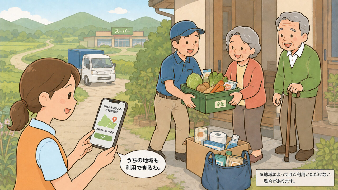 免許返納後の田舎の親が買い物宅配を利用しているイラスト