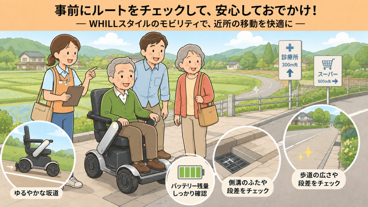 田舎道でWHILLやシニアカーが使えるか家族で確認する高齢者のイラスト