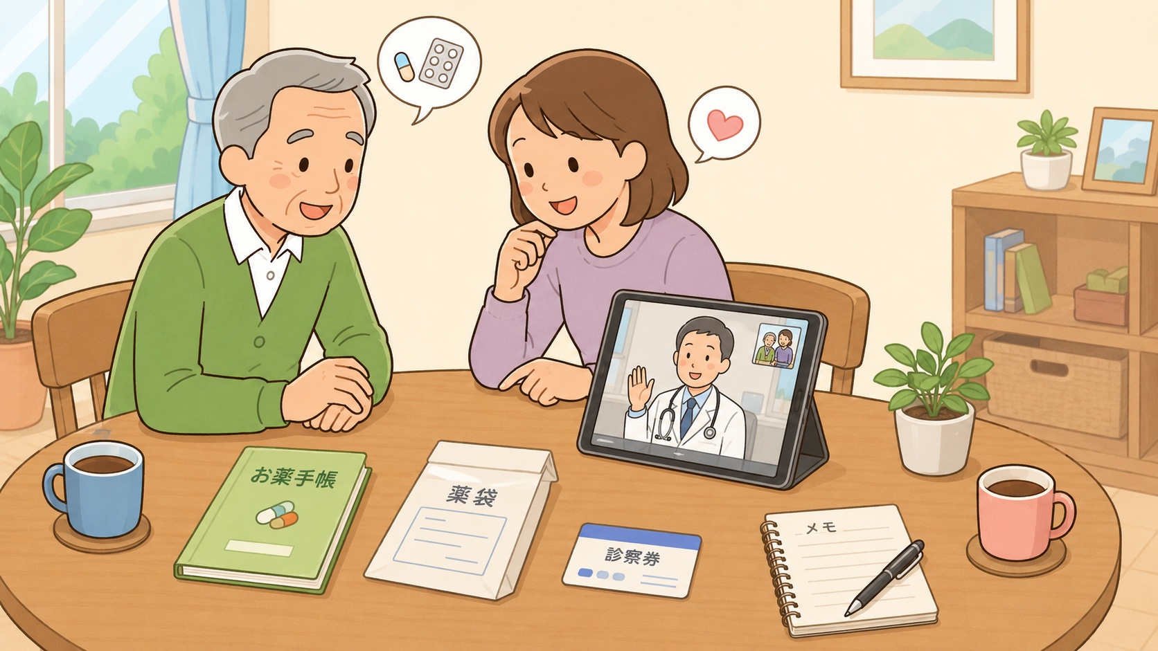 高齢の親が家族と一緒にオンライン診療を受けているイラスト