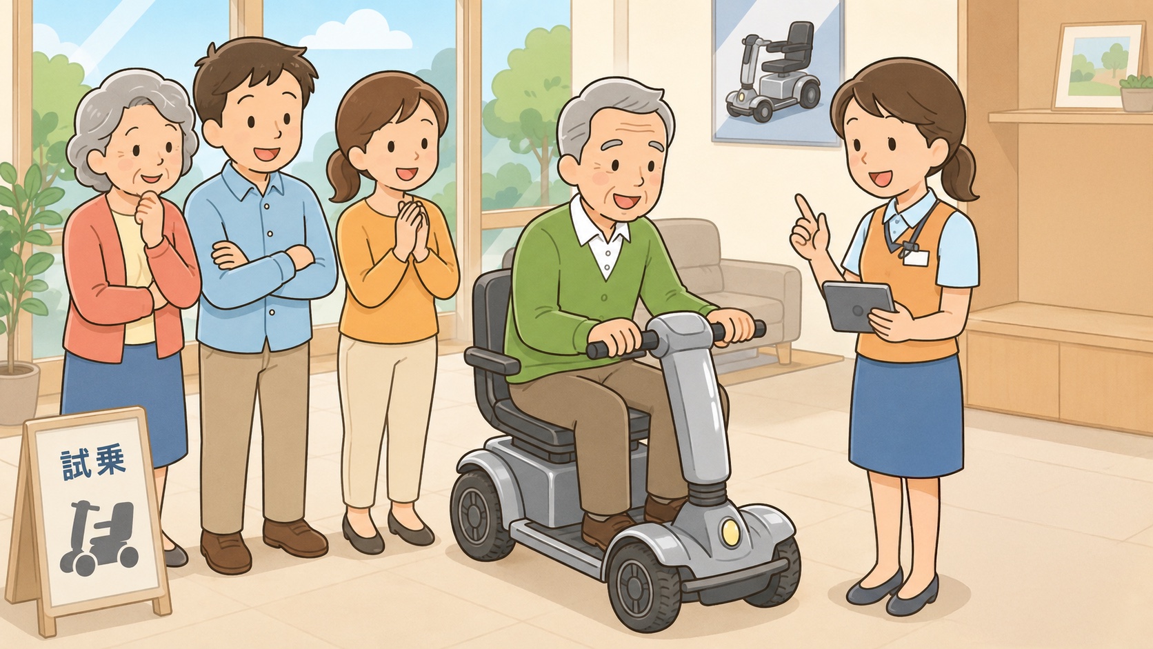 販売店でWHILLやシニアカーに試乗する高齢者と家族のイラスト