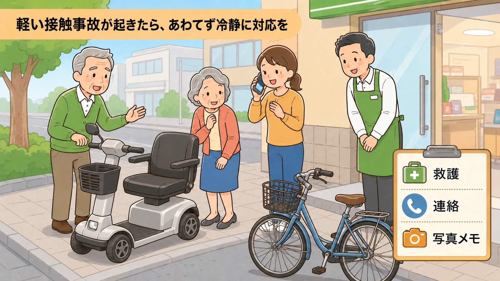 シニアカー事故後に家族が救護や連絡手順を確認しているイラスト