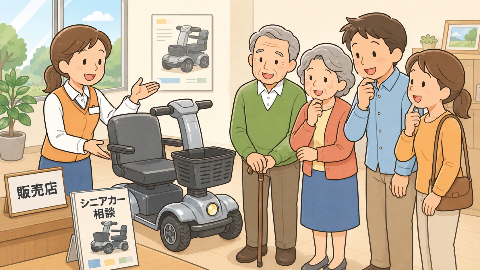 販売店でハンドル型シニアカーの説明を受ける高齢者と家族のイラスト