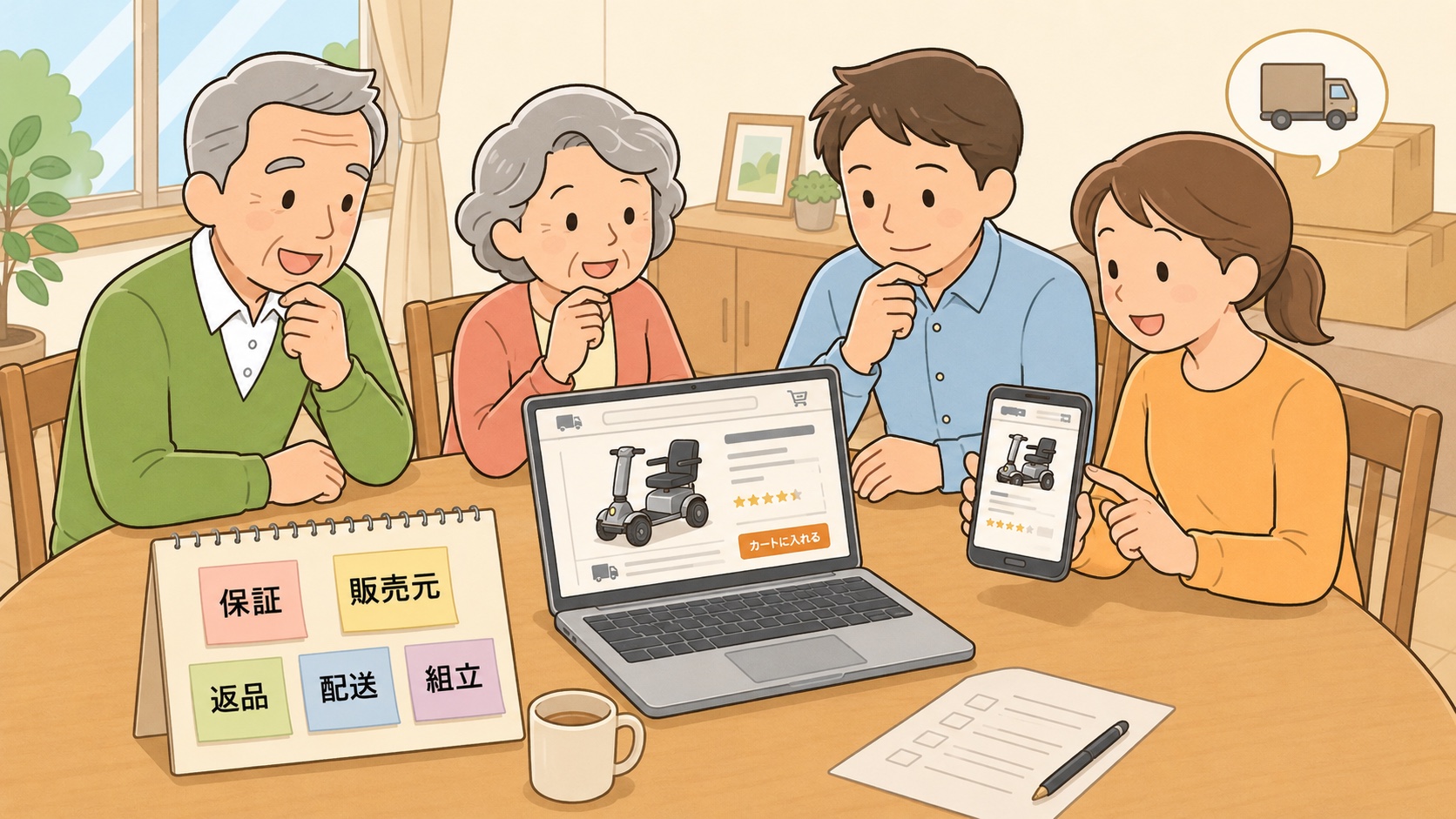 シニアカーやWHILLを通販で購入する前に保証や販売元を確認する家族のイラスト