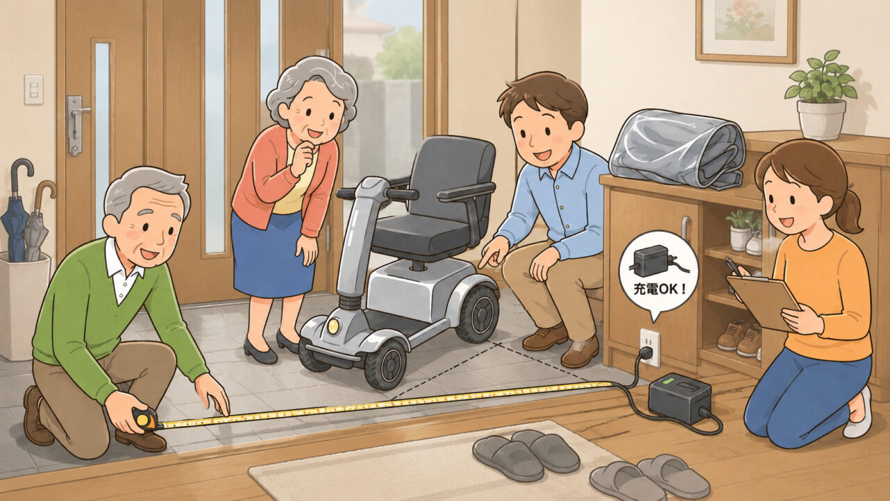 シニアカーやWHILLの購入前に保管場所と充電環境を確認する家族のイラスト