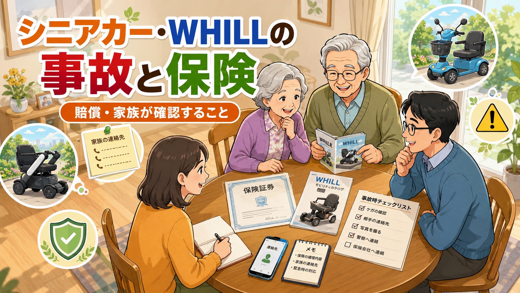シニアカーやWHILLの事故と保険について家族で確認しているイラスト