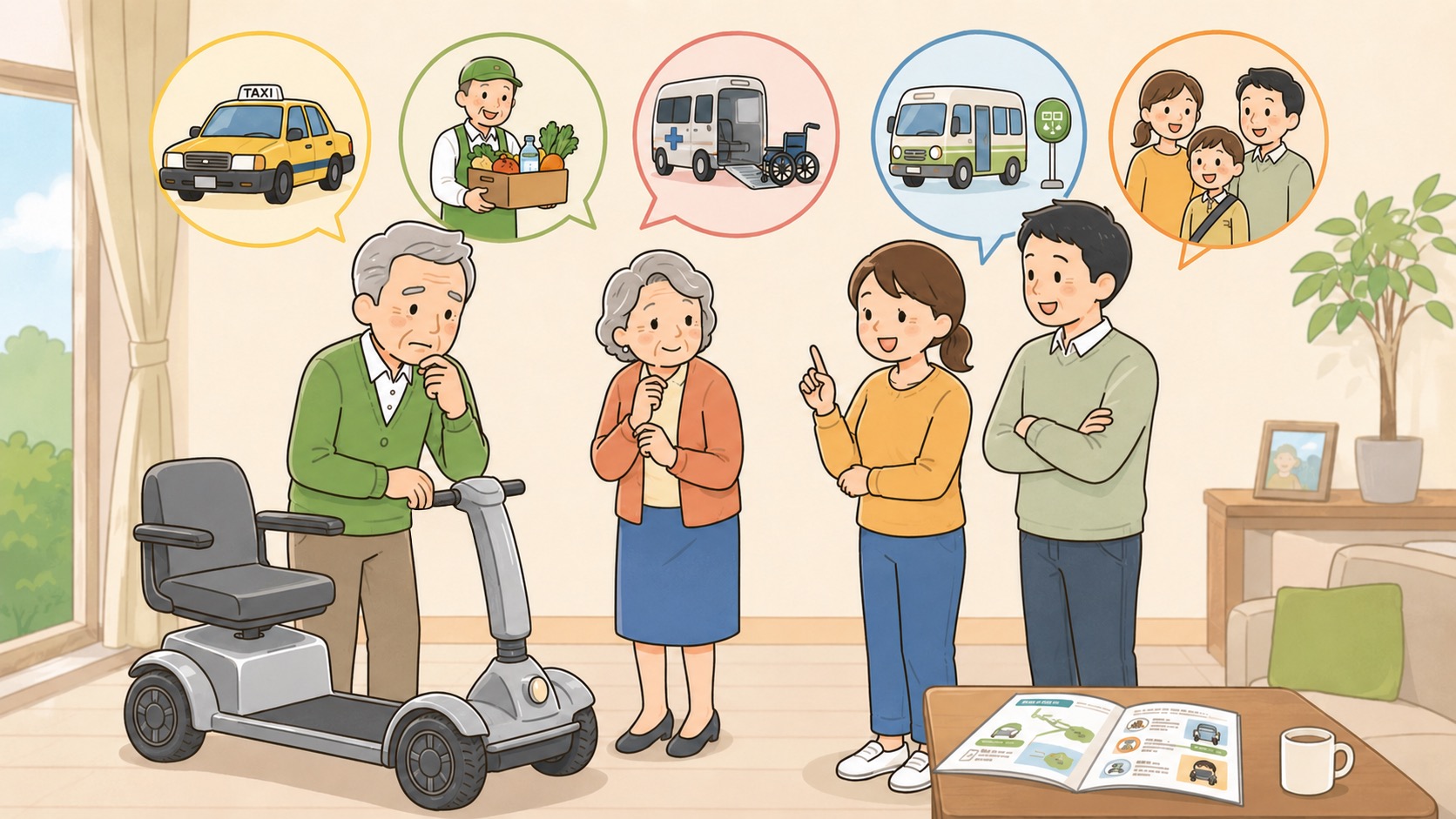 シニアカーやWHILLの事故後にタクシーや買い物宅配など代替手段を家族で検討するイラスト