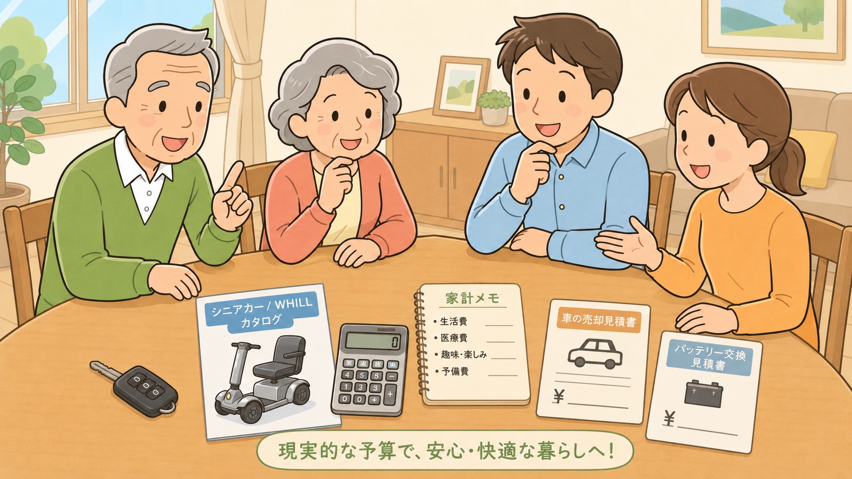 免許返納後に車の売却益や家計を確認しながらWHILLやシニアカーの購入費用を相談するイラスト