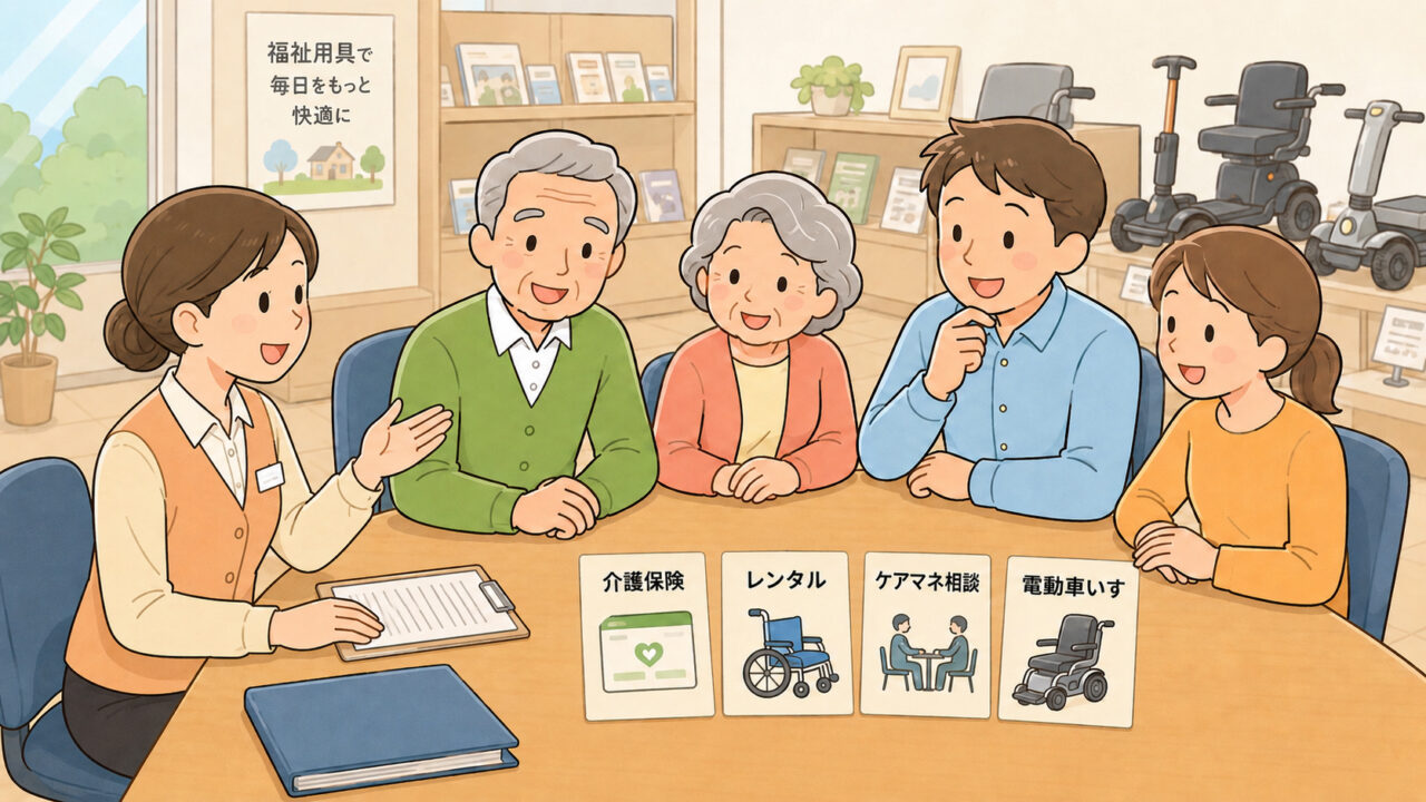 福祉用具店で介護保険レンタルや電動車いすについて相談する高齢者と家族のイラスト