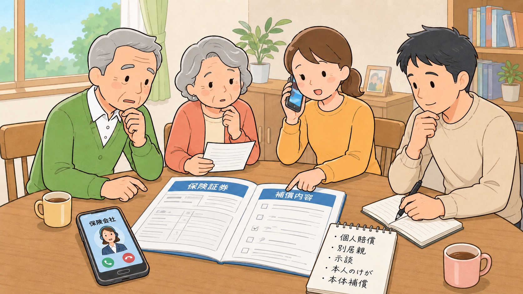 シニアカーやWHILL利用時の個人賠償責任保険を家族が確認するイラスト