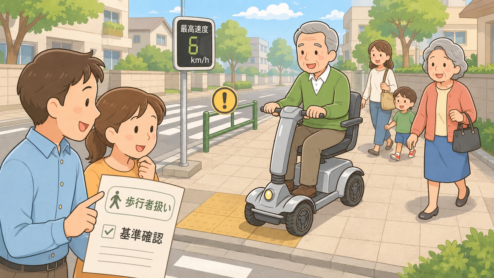 シニアカーやWHILLの道路交通法上の歩行者扱いと基準を確認する家族のイラスト