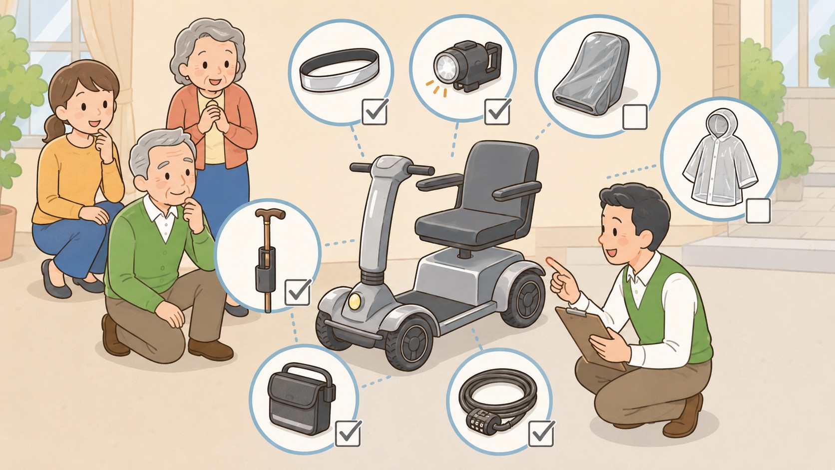 シニアカーやWHILLの反射材やライトなど安全グッズを家族で確認するイラスト