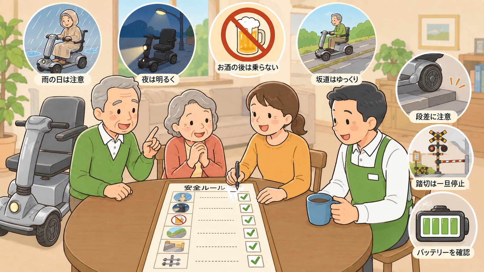 シニアカーやWHILLの安全な使い方を家族で確認するイラスト