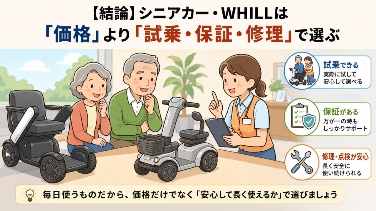 シニアカーやWHILLを価格だけでなく試乗・保証・修理体制で比較する高齢者夫婦のイラスト