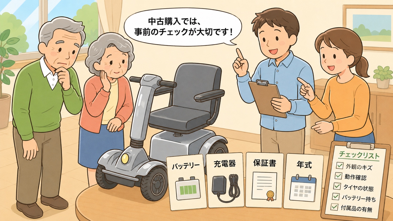 中古のシニアカーやWHILLを購入前にバッテリーや保証を確認する家族のイラスト