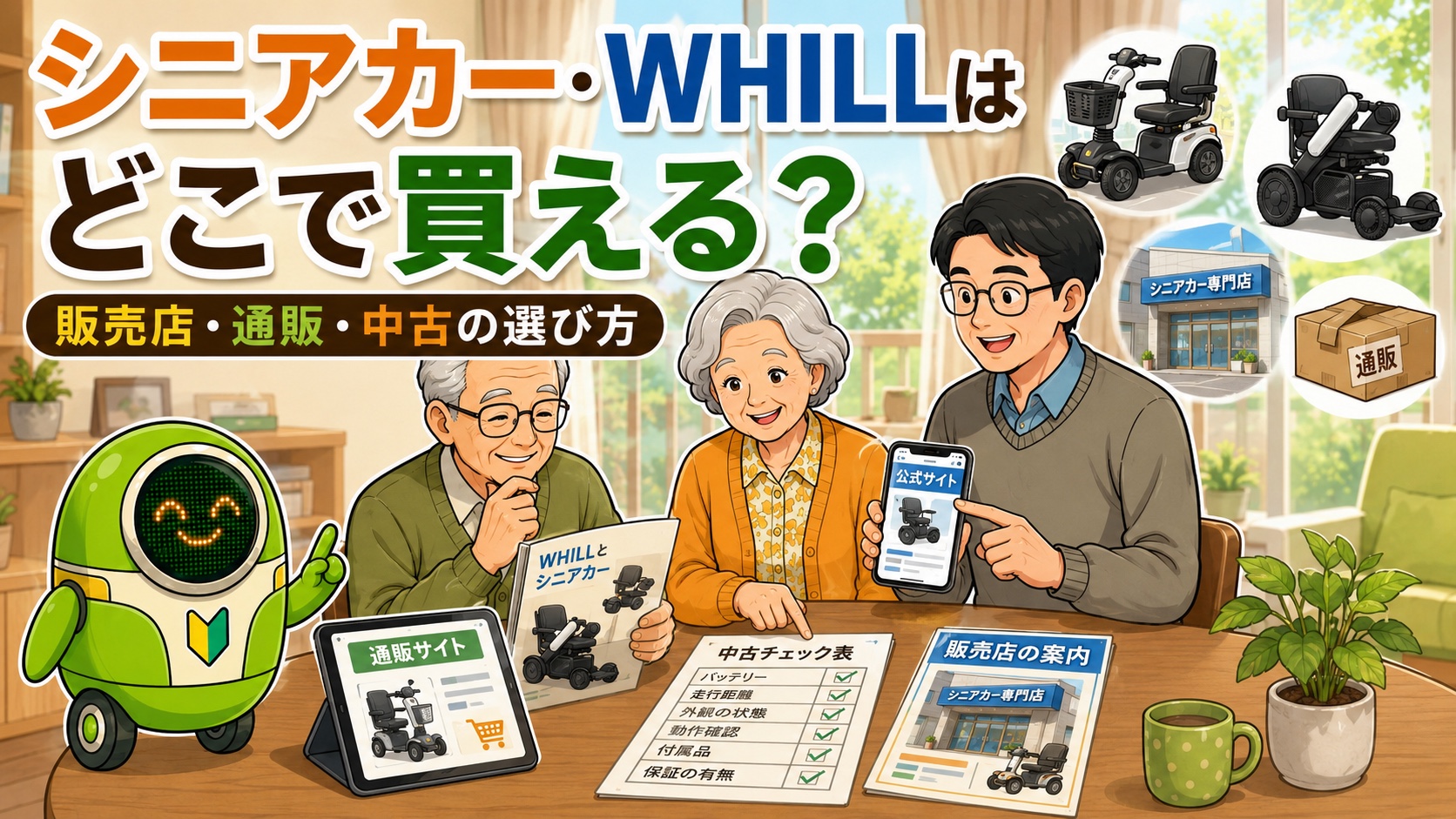 シニアカーやWHILLをどこで買うか家族で販売店・通販・中古を比較しているイラスト
