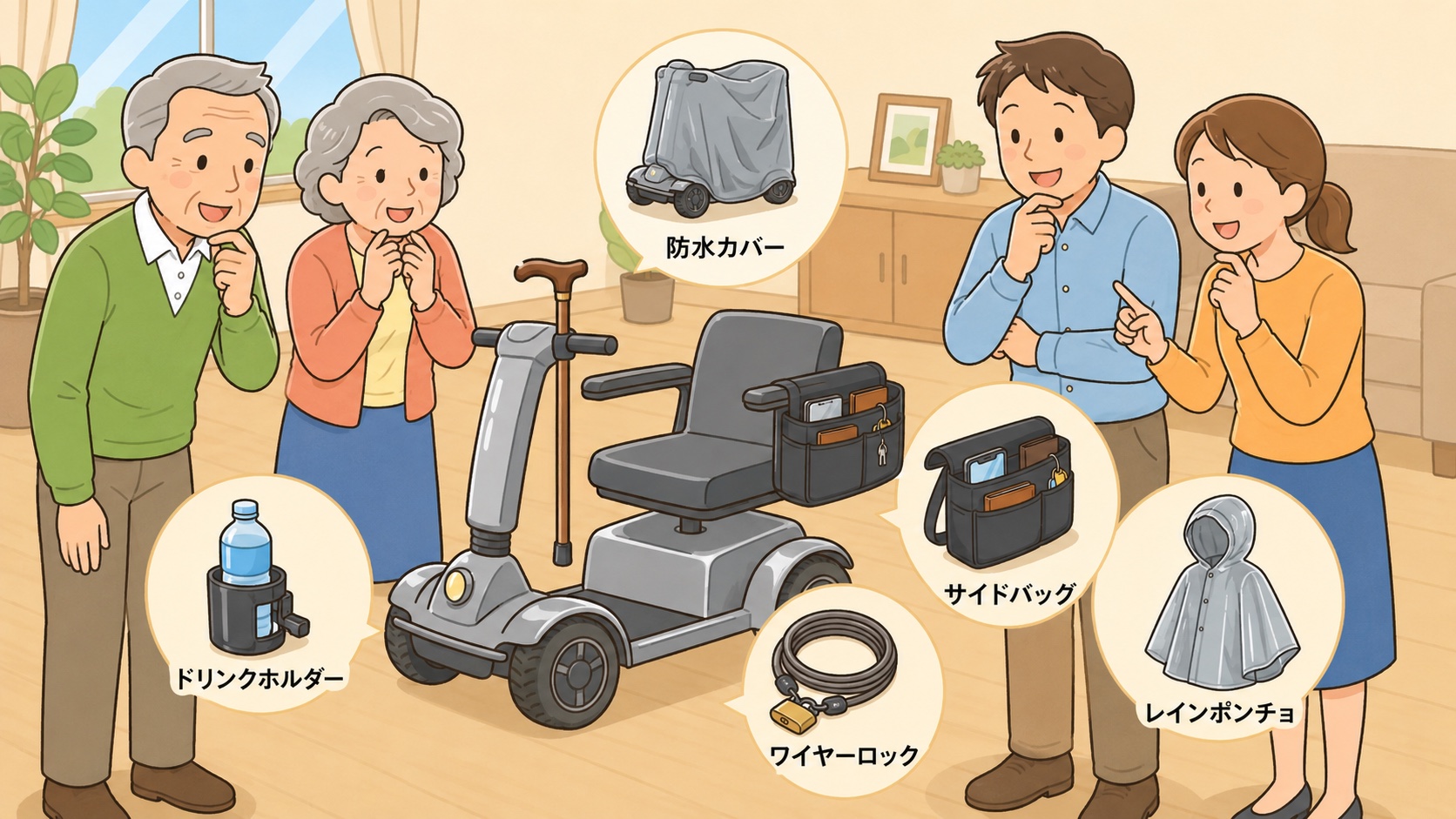 WHILLやシニアカーの杖ホルダーや防水カバーなど便利グッズを家族で確認するイラスト