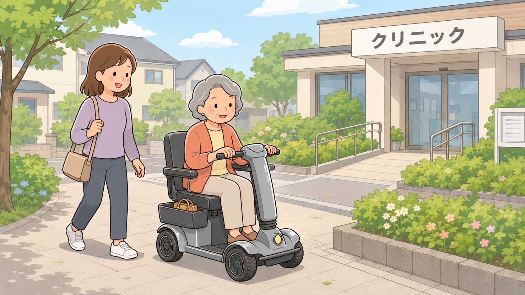 WHILLやシニアカーで近所の病院へ通院する高齢者と家族のイラスト